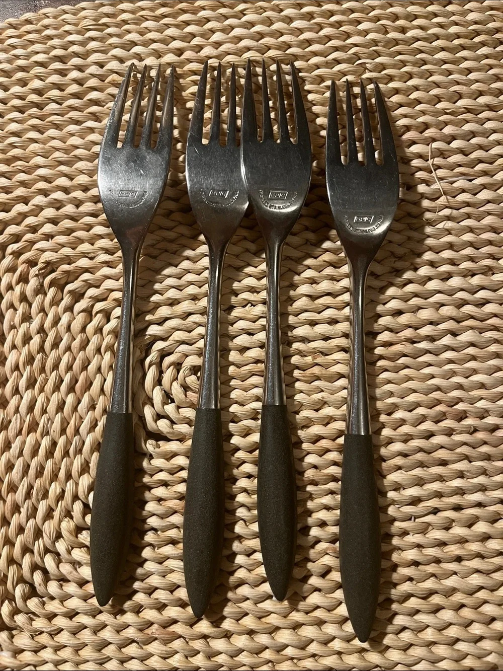 MCM Epic Forged Stainless Steel Large Forks with Black Handles - Set of 4 Vtg